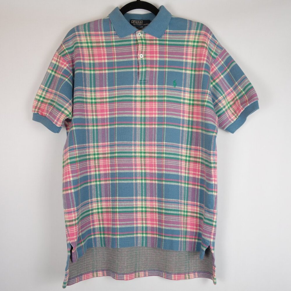 Vtg 1980's Ralph Lauren Pastel Blue/Pink Plaid Polo Shirt Made in USA, Sz Medium